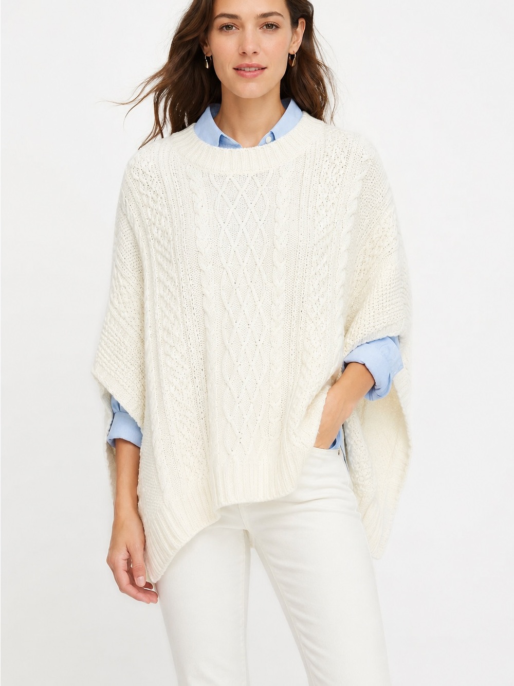 J Crew Fisherman Cable Knit Poncho Sweater Ivory White One Size NEW Cotton Blend